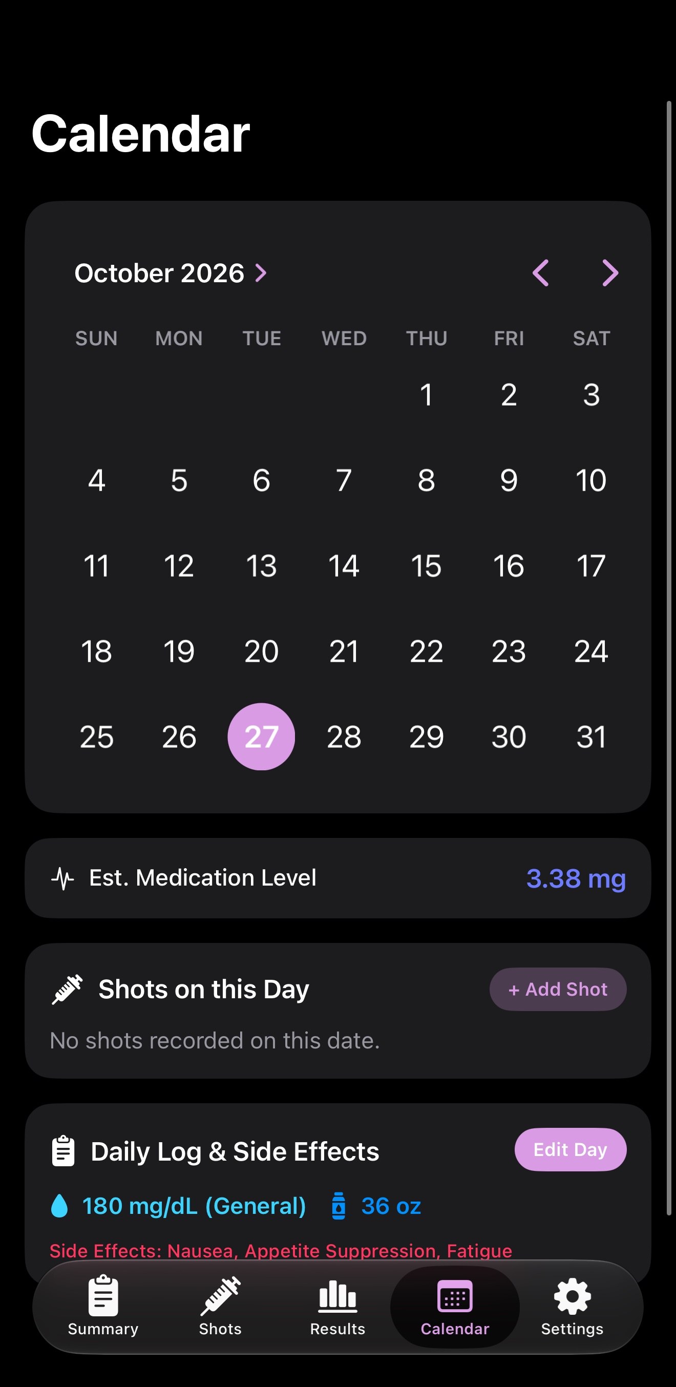 PeakGLP calendar with daily log and side effects