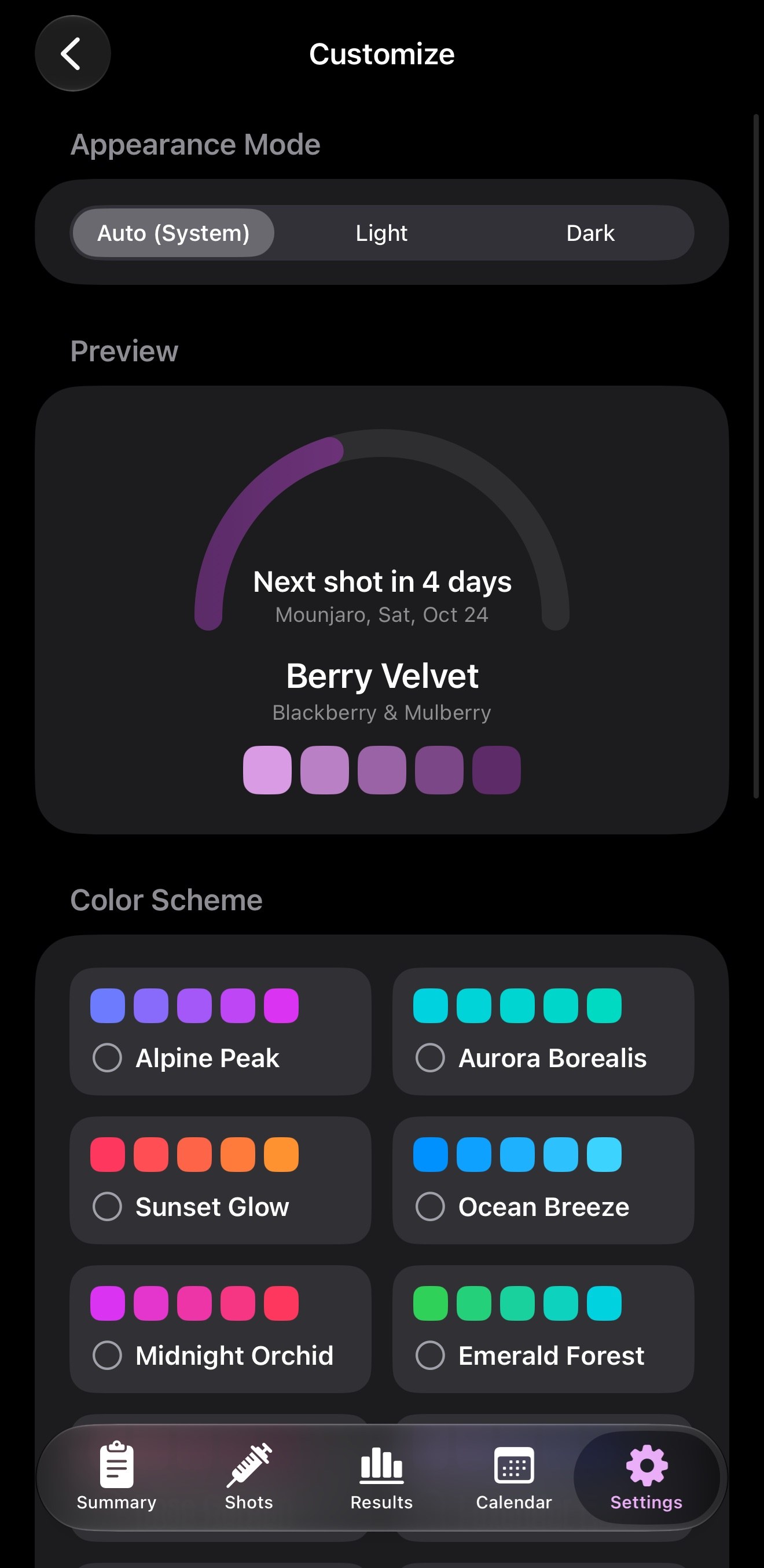 PeakGLP appearance settings with color themes